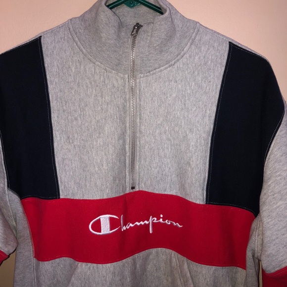 Champion Reverse Weave Colorblock Gray Half Zip Pullover Sweatshirt - Picture 2 of 5